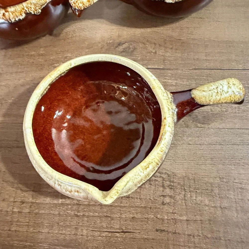 Set of 3 Vintage 70s Brown Drip Glaze French Onion Soup Crocks with Lids